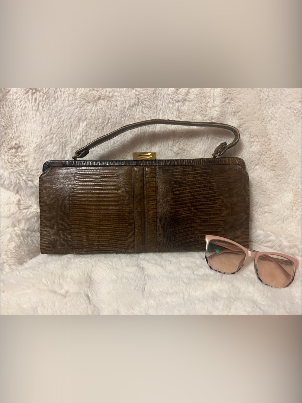 Plizzio 1960 Vintage Brown TEGU Lizard-Texture Clutch with Top Handle